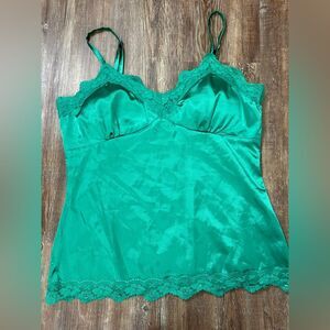 Vintage Lace Padded Christmas Green Satin Slip Cami Large Coquette Holiday Cute